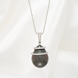 14.0-15.0 mm Tahitian Drop Pearl and Diamond Banded Pendant
