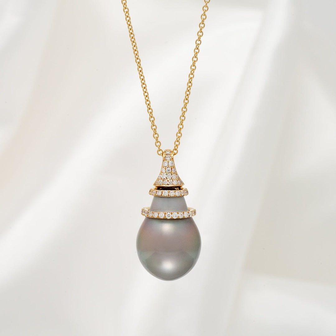13.0-14.0 mm Tahitian Drop Pearl and Diamond Ringed Pendant