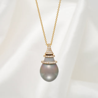 13.0-14.0 mm Tahitian Drop Pearl and Diamond Ringed Pendant