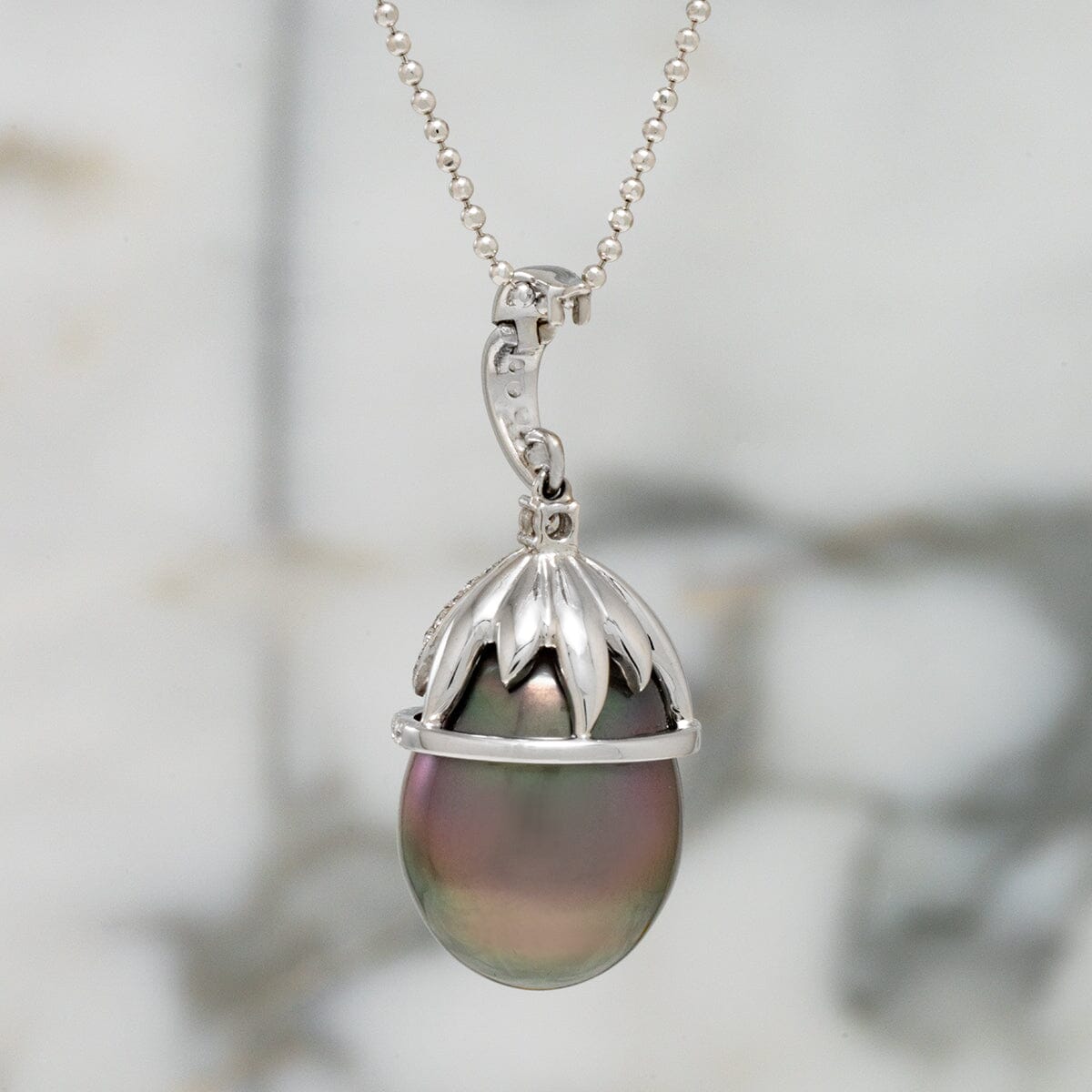 13.0-14.0 mm Tahitian Drop Pearl and Diamond Petal Pendant, detail