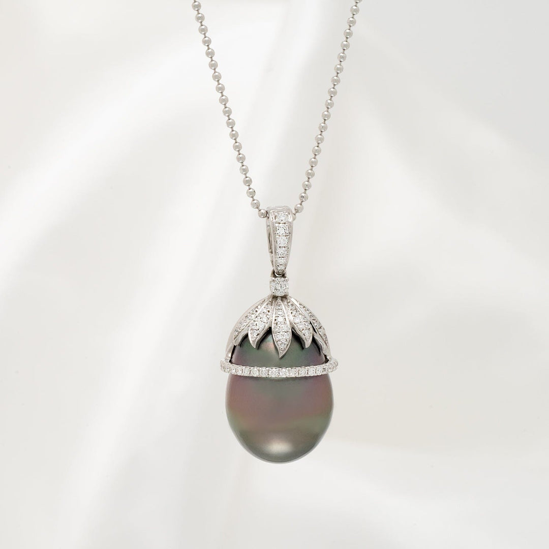 13.0-14.0 mm Tahitian Drop Pearl and Diamond Petal Pendant