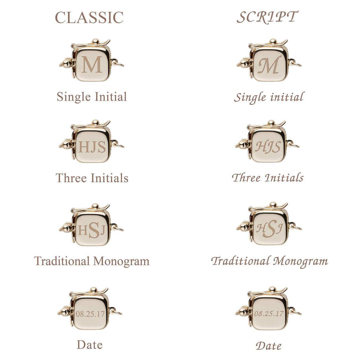 Personalized 8.5-9.0 mm Multicolor Freshadama Freshwater Pearl Square Clasp Bracelet with customizable square clasp showing classic and script font options for initials and date engraving.