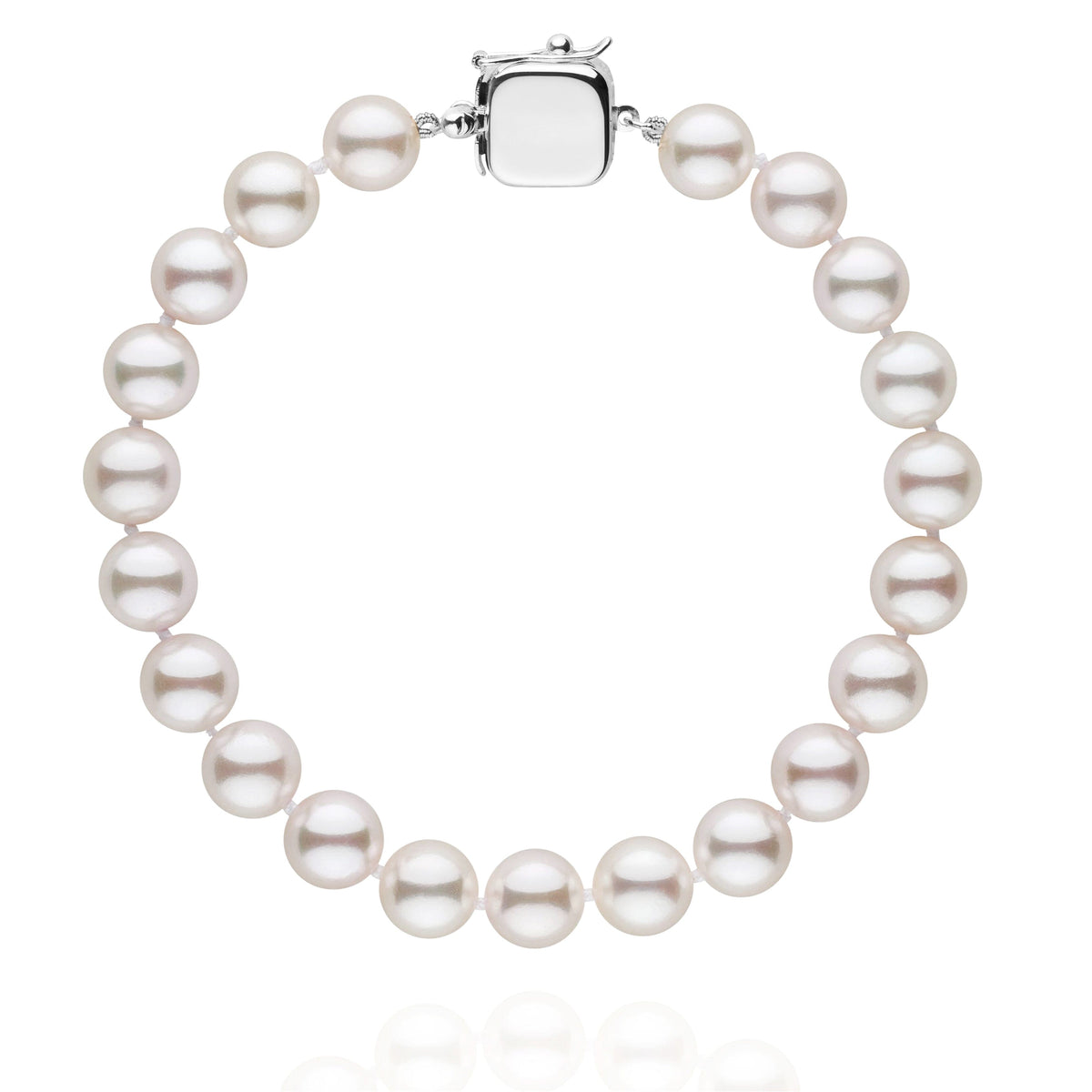 Personalized 7.5-8.0 mm AAA Akoya Pearl Square Clasp Bracelet featuring lustrous white Akoya pearls strung together with a polished square 14K white gold clasp for an elegant finish.