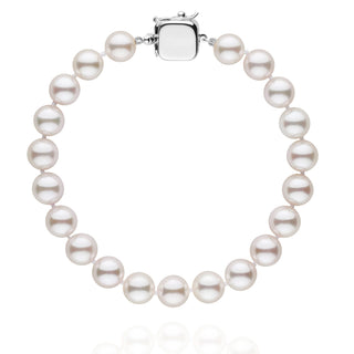 Personalized 7.5-8.0 mm AAA Akoya Pearl Square Clasp Bracelet featuring lustrous white Akoya pearls strung together with a polished square 14K white gold clasp for an elegant finish.