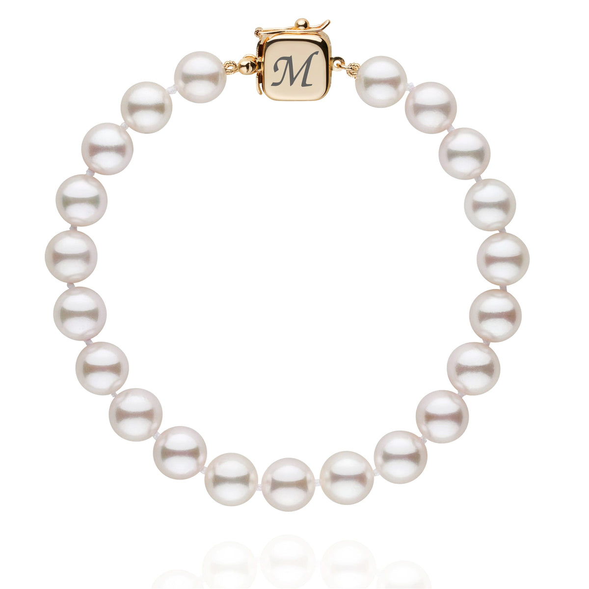 Personalized 7.5-8.0 mm AAA Akoya Pearl Square Clasp Bracelet featuring lustrous white pearls and a gold square clasp engraved with the letter M.
