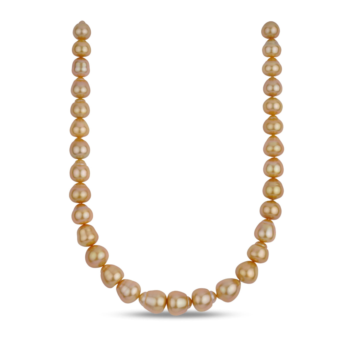 A strand of golden South Sea baroque pearl necklace with a clasp.