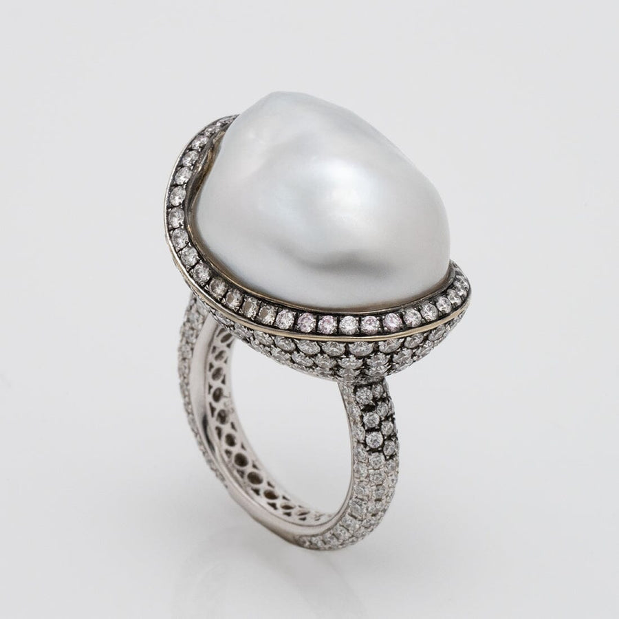 Assael Collection: 22.2 x 18.1 x 17.0 mm Baroque White South Sea Pearl and Diamond Ring featuring a large baroque white pearl accented by a pavé diamond halo and band in exquisite fine jewelry design.