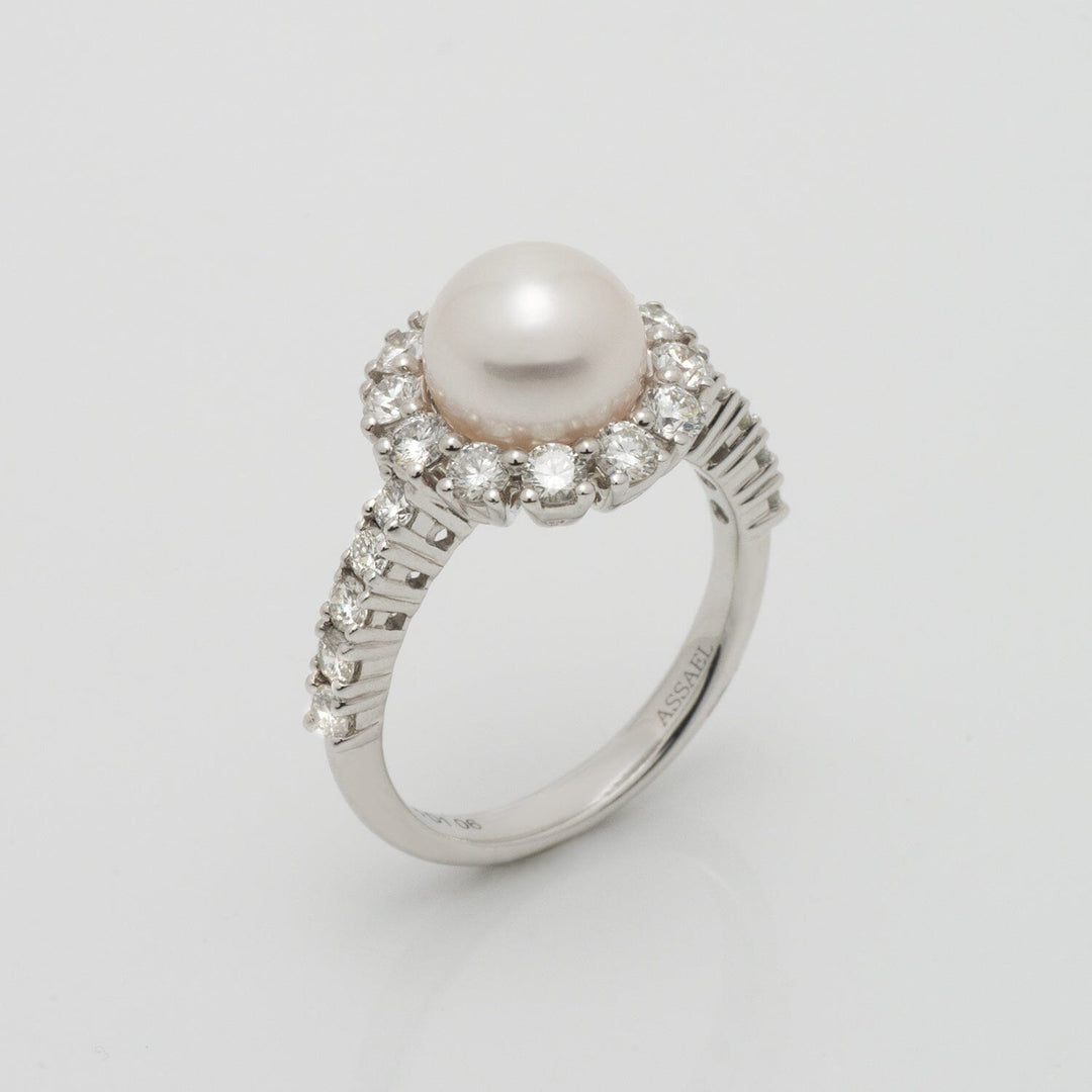 8-8.5 mm Akoya Pearl and Diamond Ring 18K White Gold