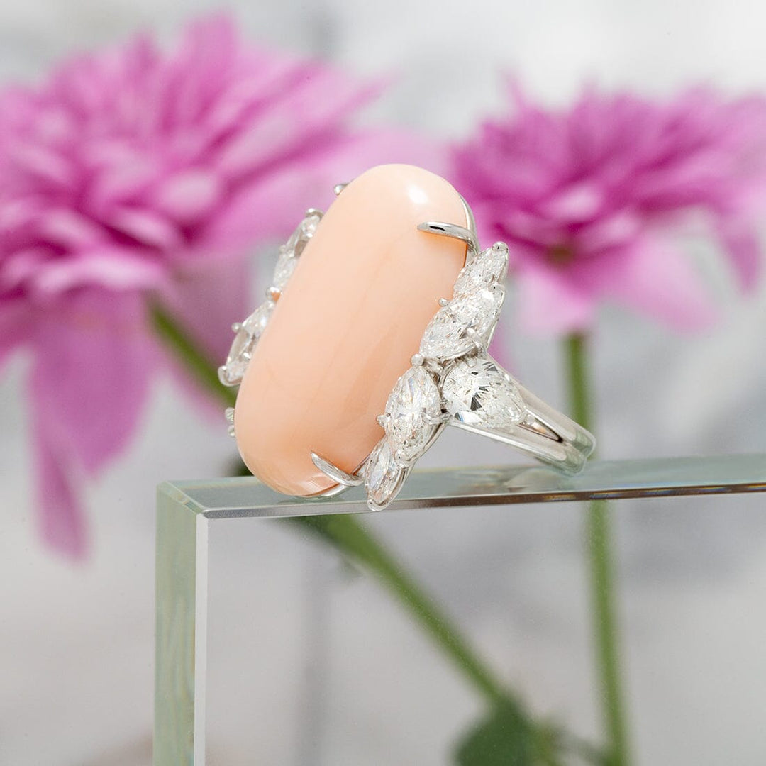 Assael Collection: 25.6 x 16.1 mm Angel Skin Coral and Diamond Ring, 18K White Gold