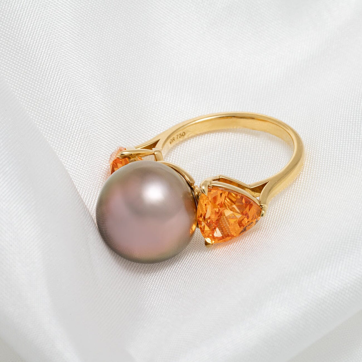 Assael Collection: 12.8 x 12.4 mm Tahitian Pearl and Mandarin Garnet Ring, 18K Yellow Gold