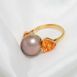 Assael Collection: 12.8 x 12.4 mm Tahitian Pearl and Mandarin Garnet Ring, 18K Yellow Gold