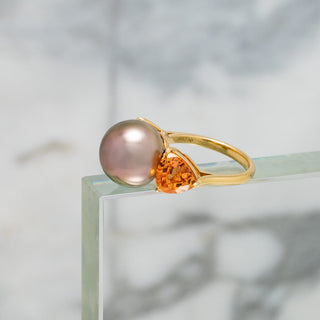 Assael Collection: 12.8 x 12.4 mm Tahitian Pearl and Mandarin Garnet Ring, 18K Yellow Gold