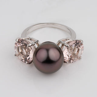Assael Collection: 11.2 mm Tahitian Pearl and Morganite Ring featuring a lustrous dark Tahitian pearl flanked by two sparkling morganite gemstones on a polished 14K white gold band
