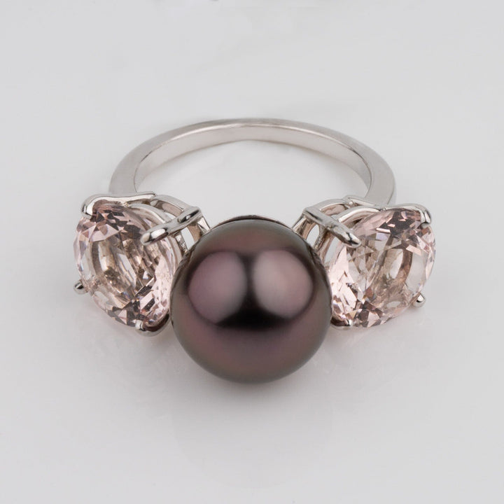 Assael Collection: 11.2 mm Tahitian Pearl and Morganite Ring featuring a lustrous dark Tahitian pearl flanked by two sparkling morganite gemstones on a polished silver band