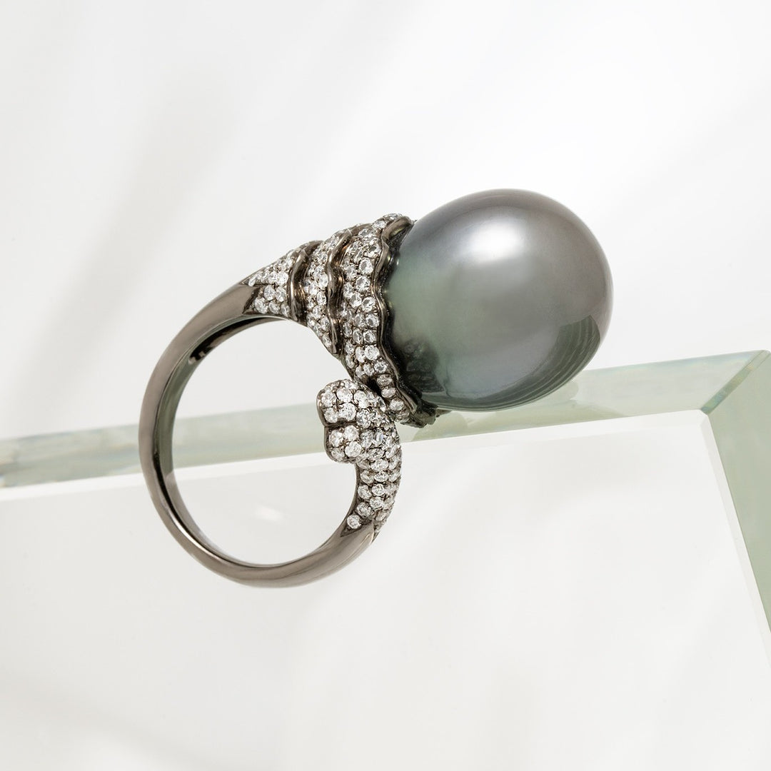 15.0-16.0 mm Tahitian Drop Pearl and Diamond Ring