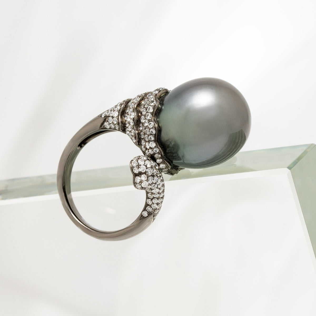 15.0-16.0 mm Tahitian Drop Pearl and Diamond Ring