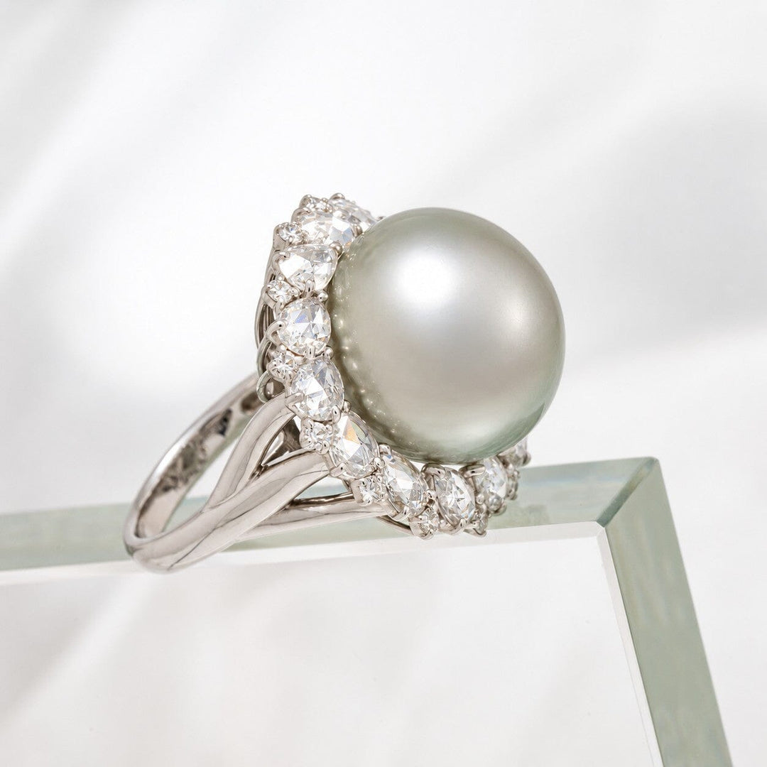17.3 mm Tahitian Button Pearl and Diamond Ring