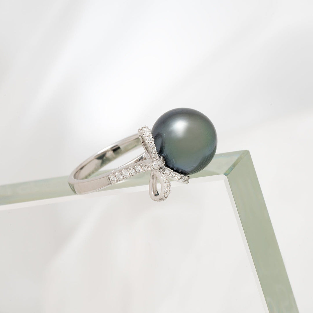 11.0-12.0 mm Tahitian Pearl and Pavé Diamond Ring