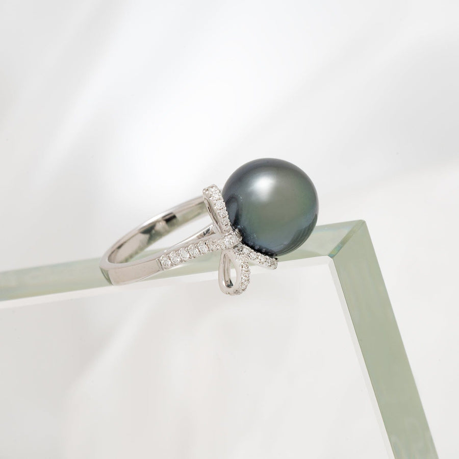 11.0-12.0 mm Tahitian Pearl and Pavé Diamond Ring
