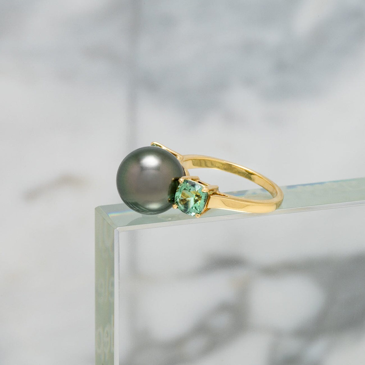Assael Collection: 11.6 x 11.5 mm Tahitian Pearl and Mint Green Garnet Ring