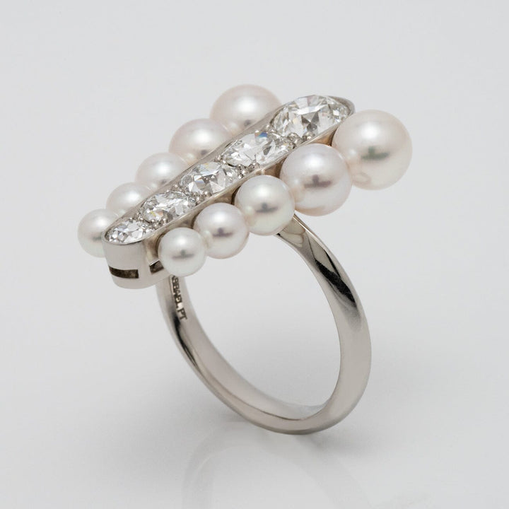 Assael Collection: 3.5–5.9 mm Akoya Pearl and Diamond Ring featuring a sleek silver band with graduated white akoya pearls and a row of sparkling diamonds for elegant luxury.