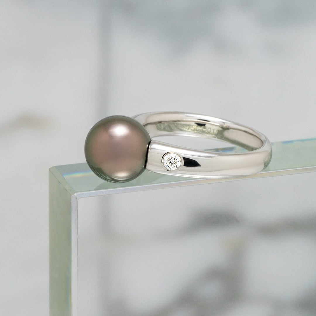 Assael Collection: 9.5 mm Tahitian Pearl and Diamond Ring, 18K White Gold