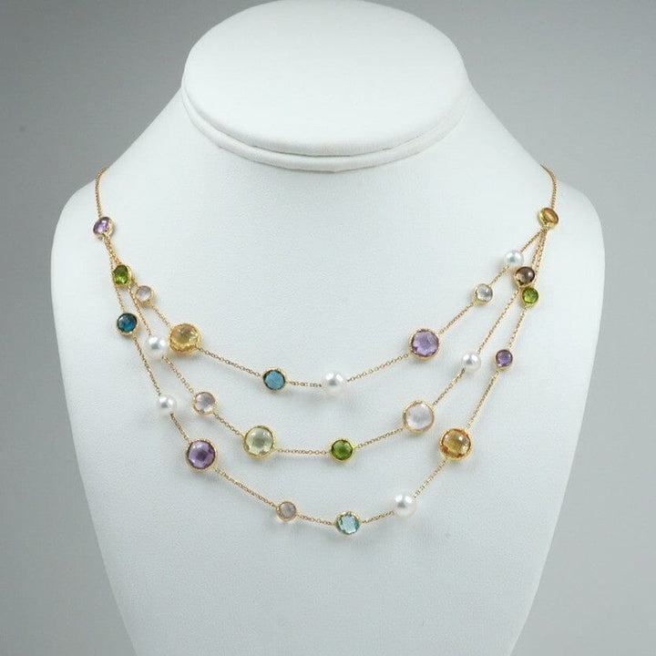 SA-21: 5.5-7.0 mm Akoya Pearl and Semi-precious Stone Necklace, 17.5", 18K