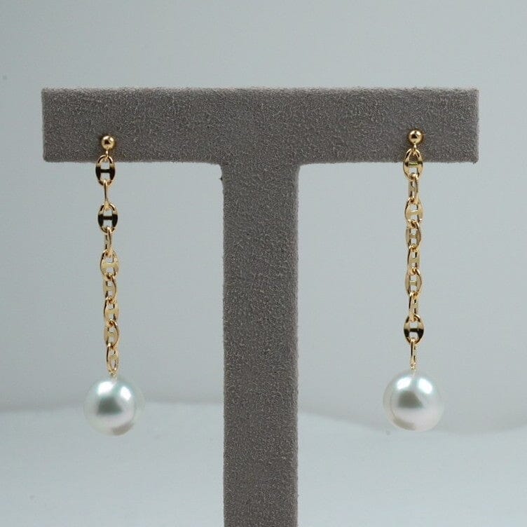 SA-7: 10.0-11.0 mm White South Sea Pearl Dangle Earrings, 18K