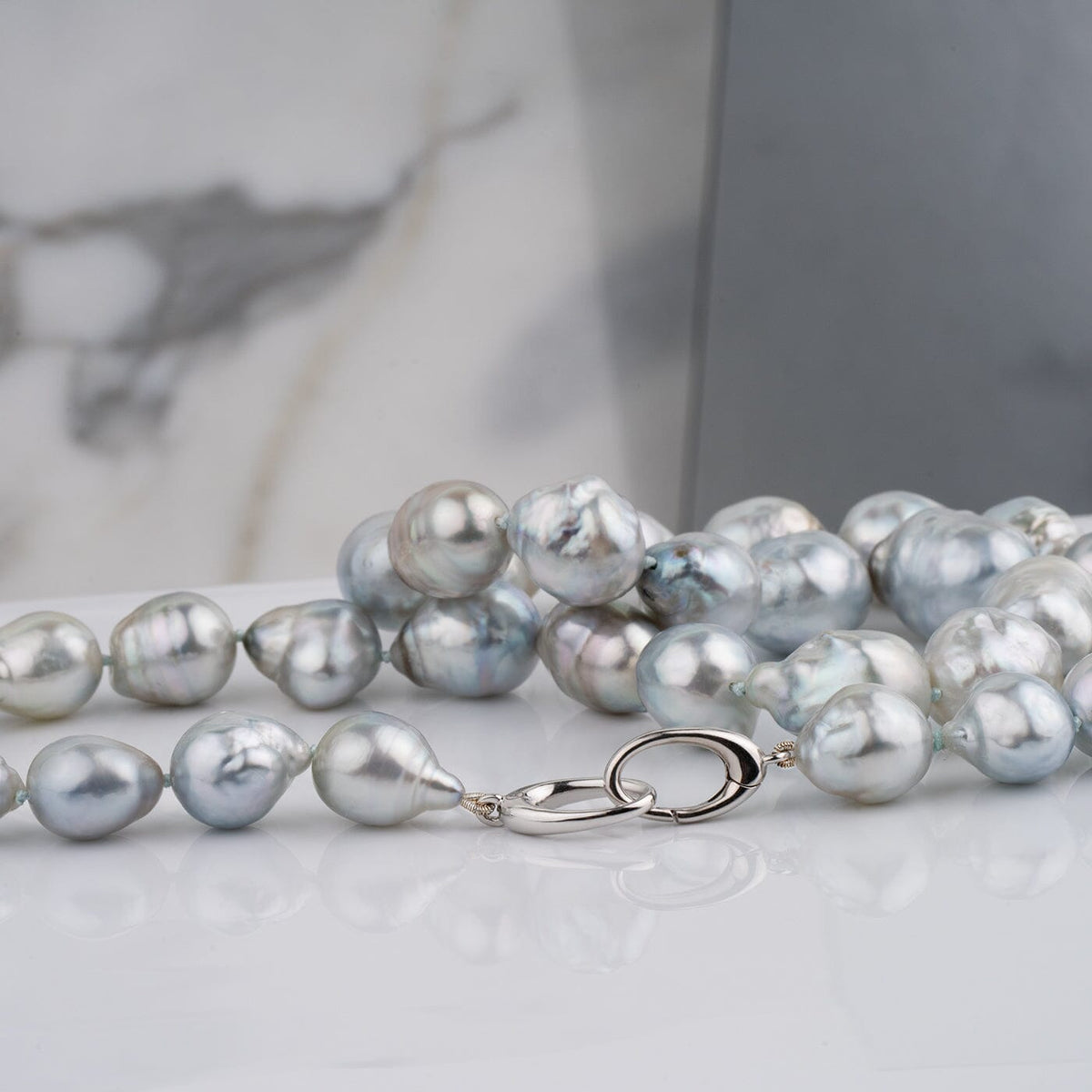 11.0–14.0 mm natural-color Fijian baroque pearl necklace with 18K white gold orbit clasp