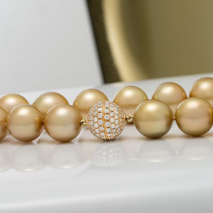 Golden South Sea Pearl Necklace 13.0–15.1 mm 18K yellow gold diamond clasp (158 diamonds, 2.30 ctw)