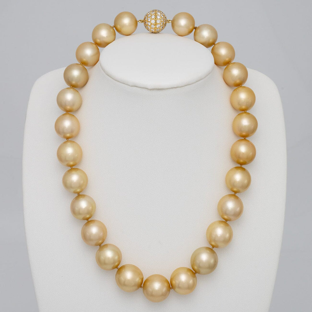 14.8–16.6 mm round golden South Sea pearl and diamond necklace on bust