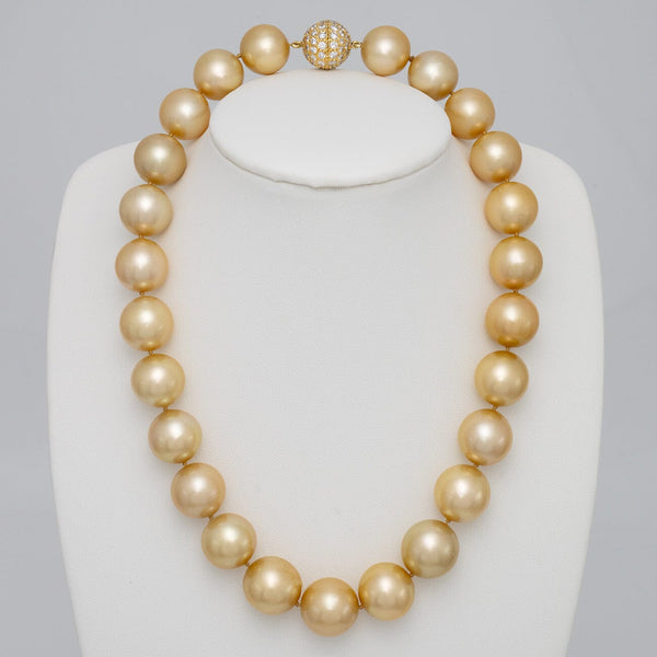 14.8–16.6 mm round golden South Sea pearl and diamond necklace on bust