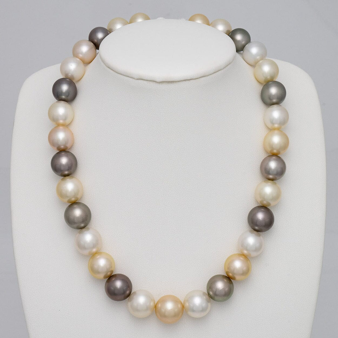 12.0–14.3 mm round multicolor South Sea and Tahitian pearl necklace on bust
