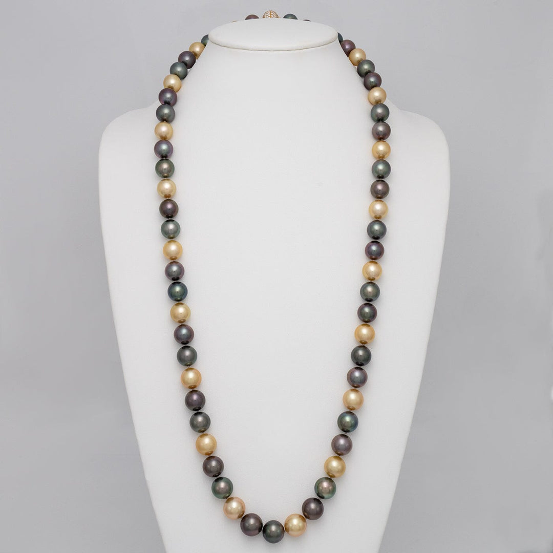12.1–14.2 mm round Tahitian and golden South Sea pearl and diamond necklace on bust