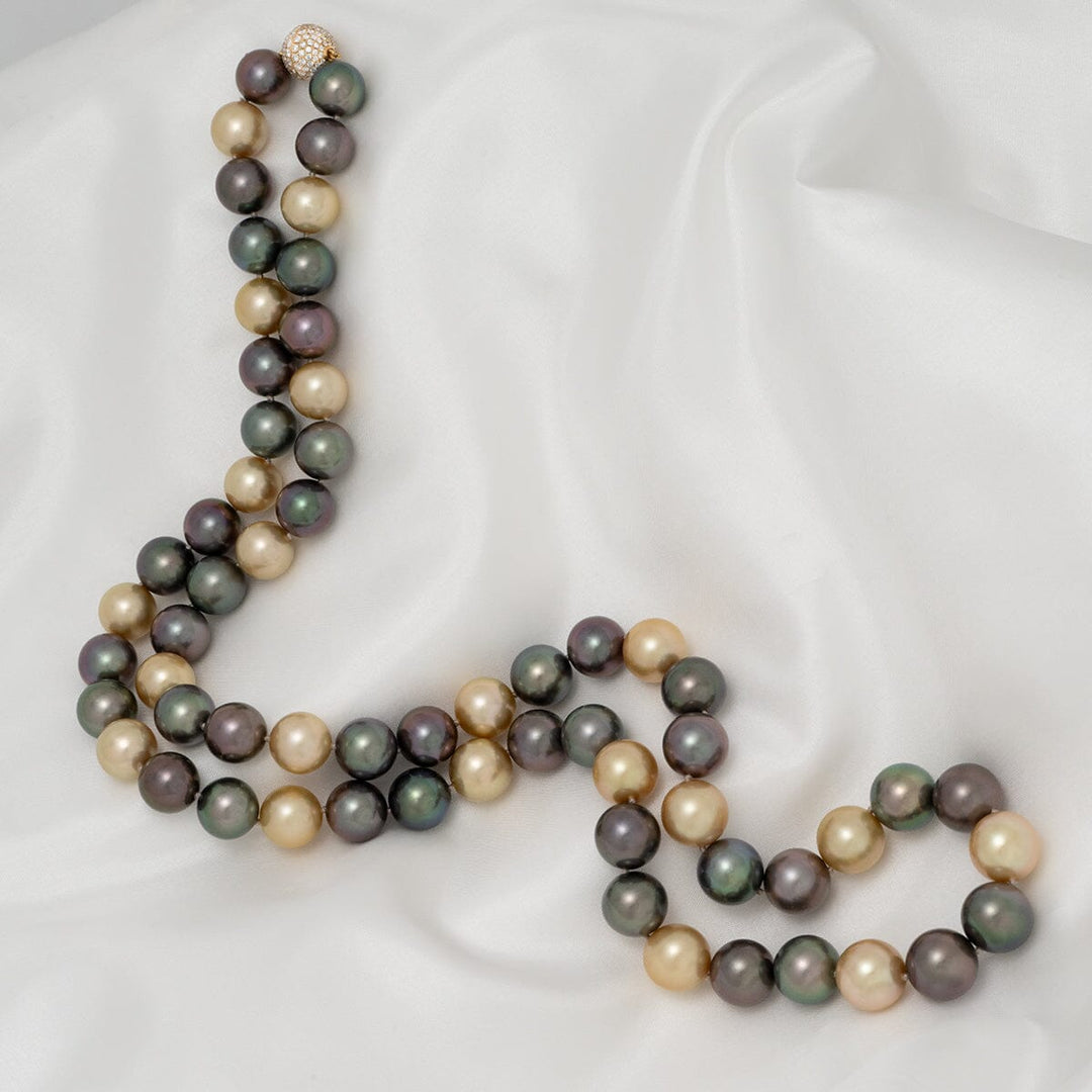 12.1–14.2 mm round Tahitian and golden South Sea pearl and diamond necklace