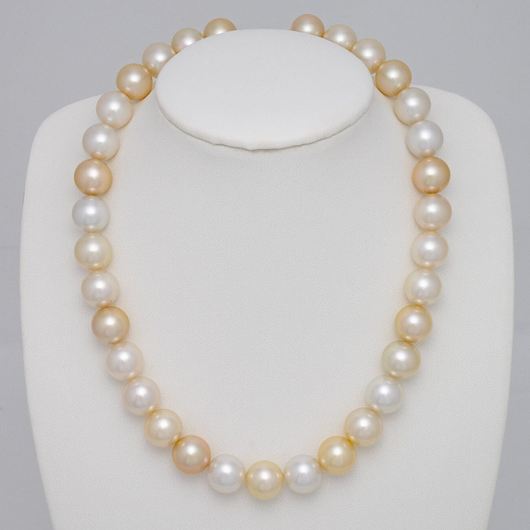 11.6–12.4 mm round multicolor golden and white South Sea pearl necklace on bust