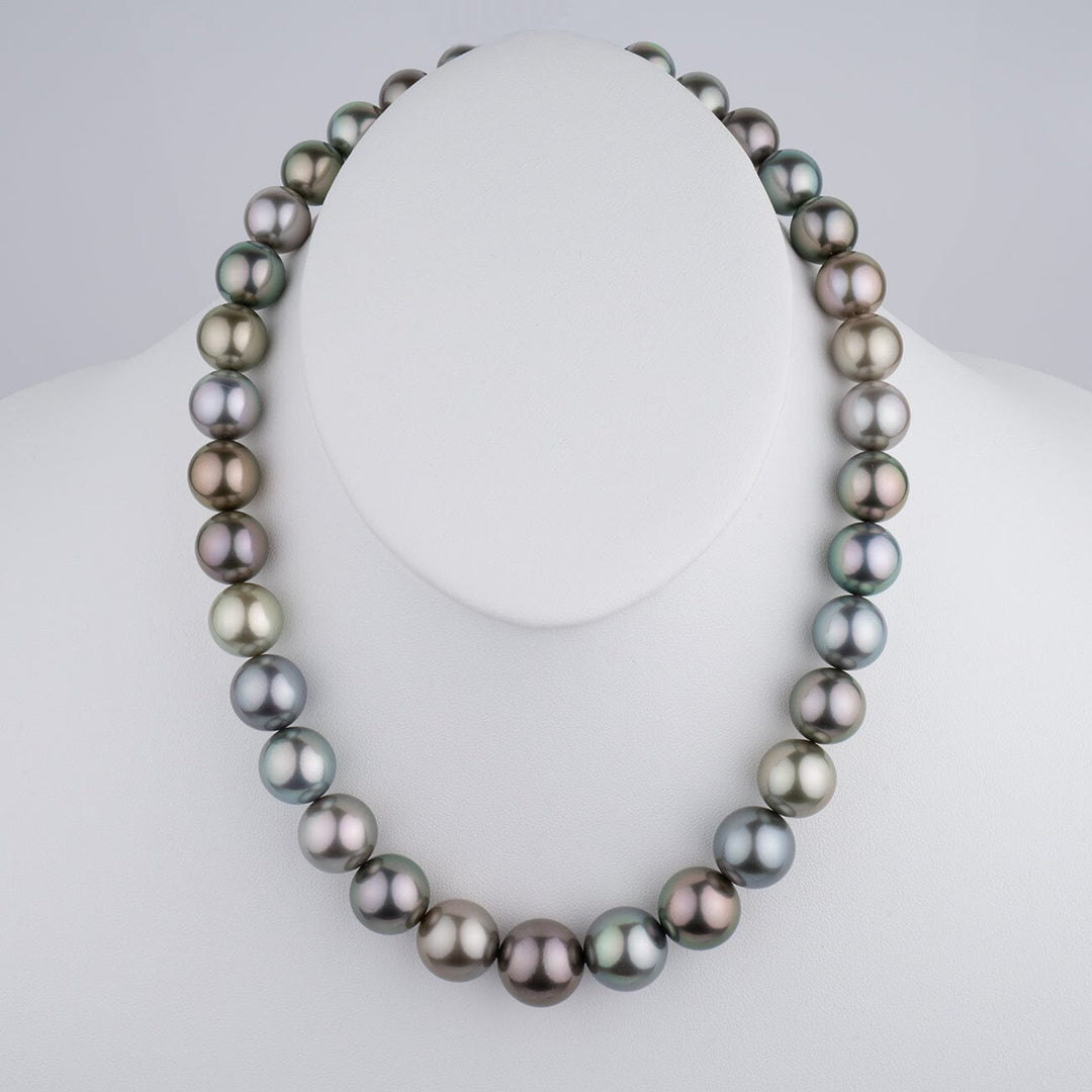 12.5–16.5 mm round multicolor Tahitian pearl necklace on bust