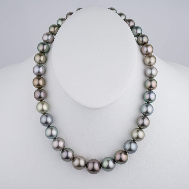 12.5–16.5 mm round multicolor Tahitian pearl necklace on bust