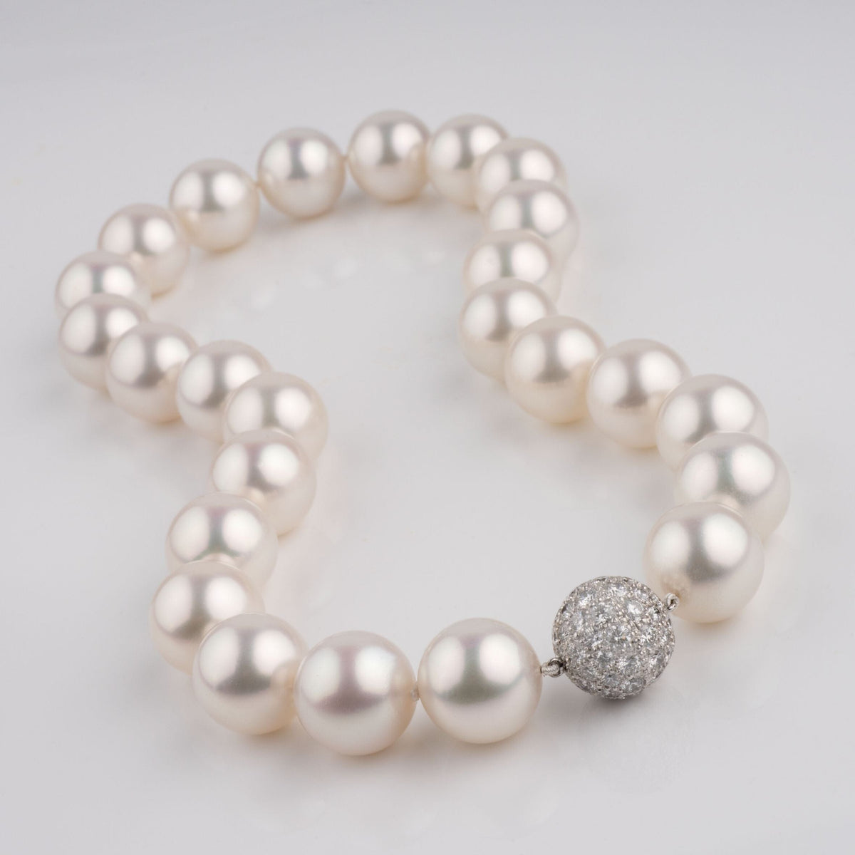 16.0 to 16.4 mm White South Sea Round Pearl Necklace laid out