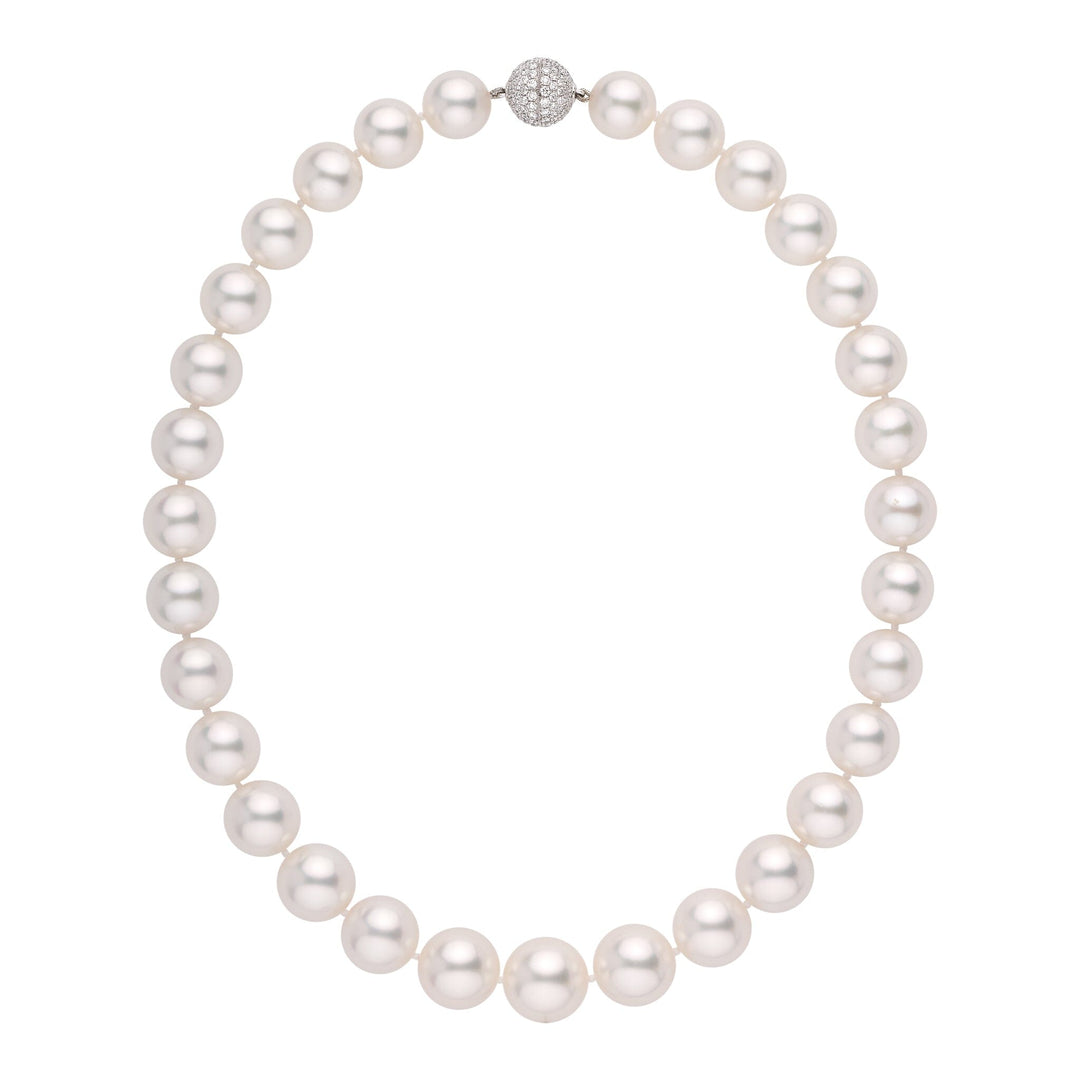 12.0 to 15.0mm White South Sea Round Pearl Necklace Diamond Clasp