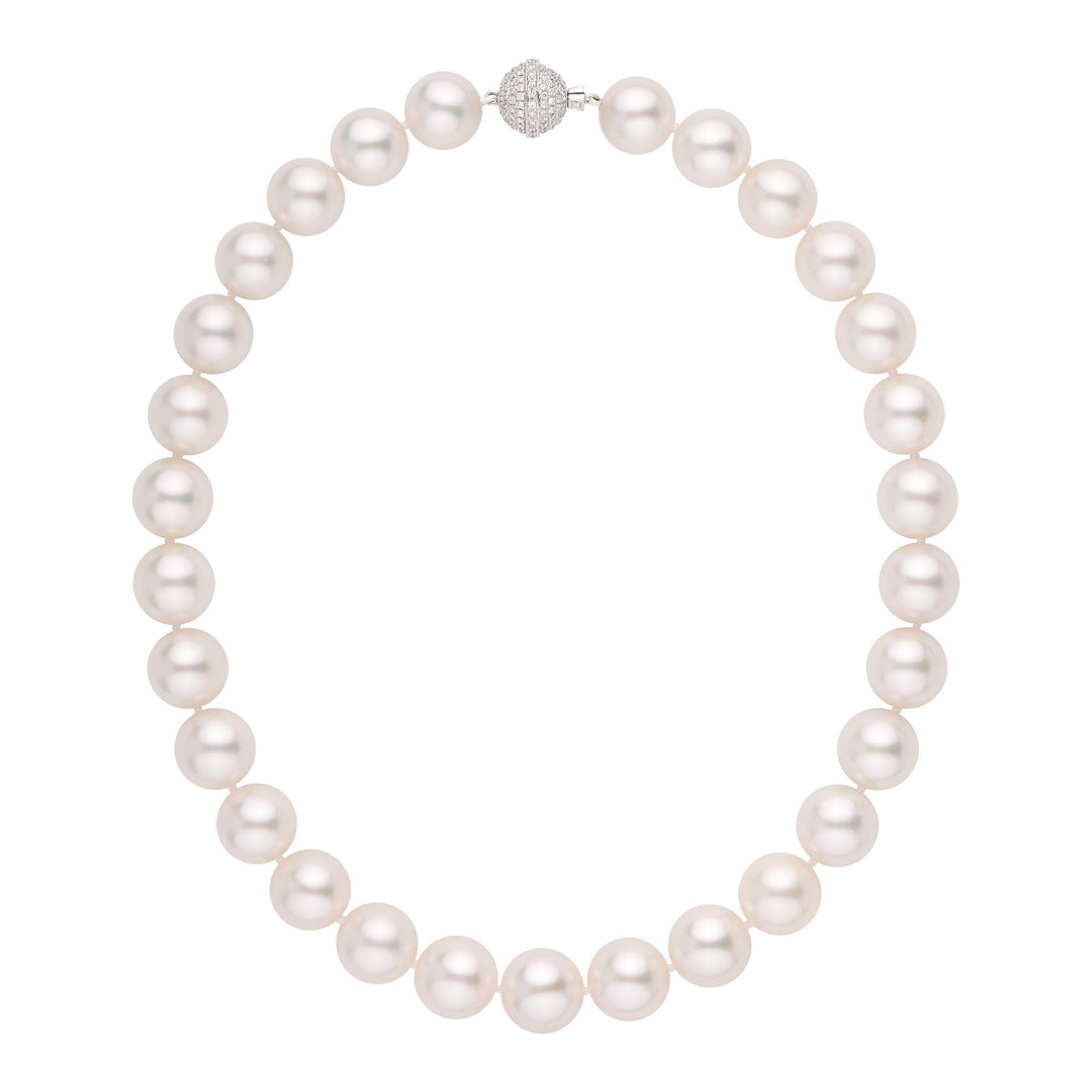 One-of-a-kind round South Sea pearl necklace, 29 pearls 13.0–14.3 mm. Individually photographed, refined, with 18k white gold diamond clasp.