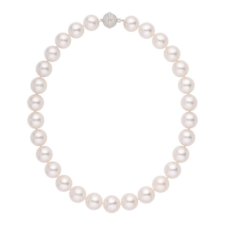 One-of-a-kind round South Sea pearl necklace, 29 pearls 13.0–14.3 mm. Individually photographed, refined, with 18k white gold diamond clasp.