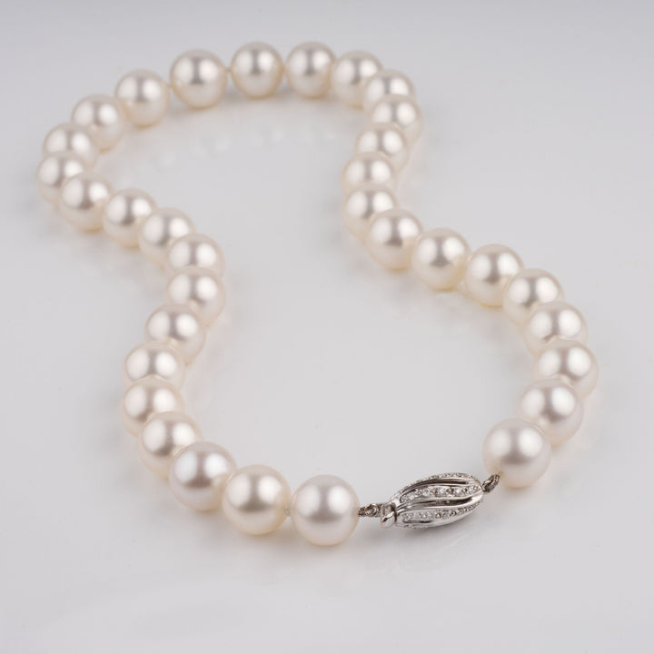 11.0-13.0mm AAA White South Sea Round Pearl Necklace laid out