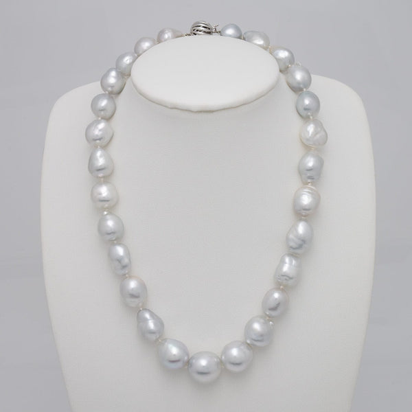 12.0–15.4 mm white South Sea freeform baroque pearl necklace on bust