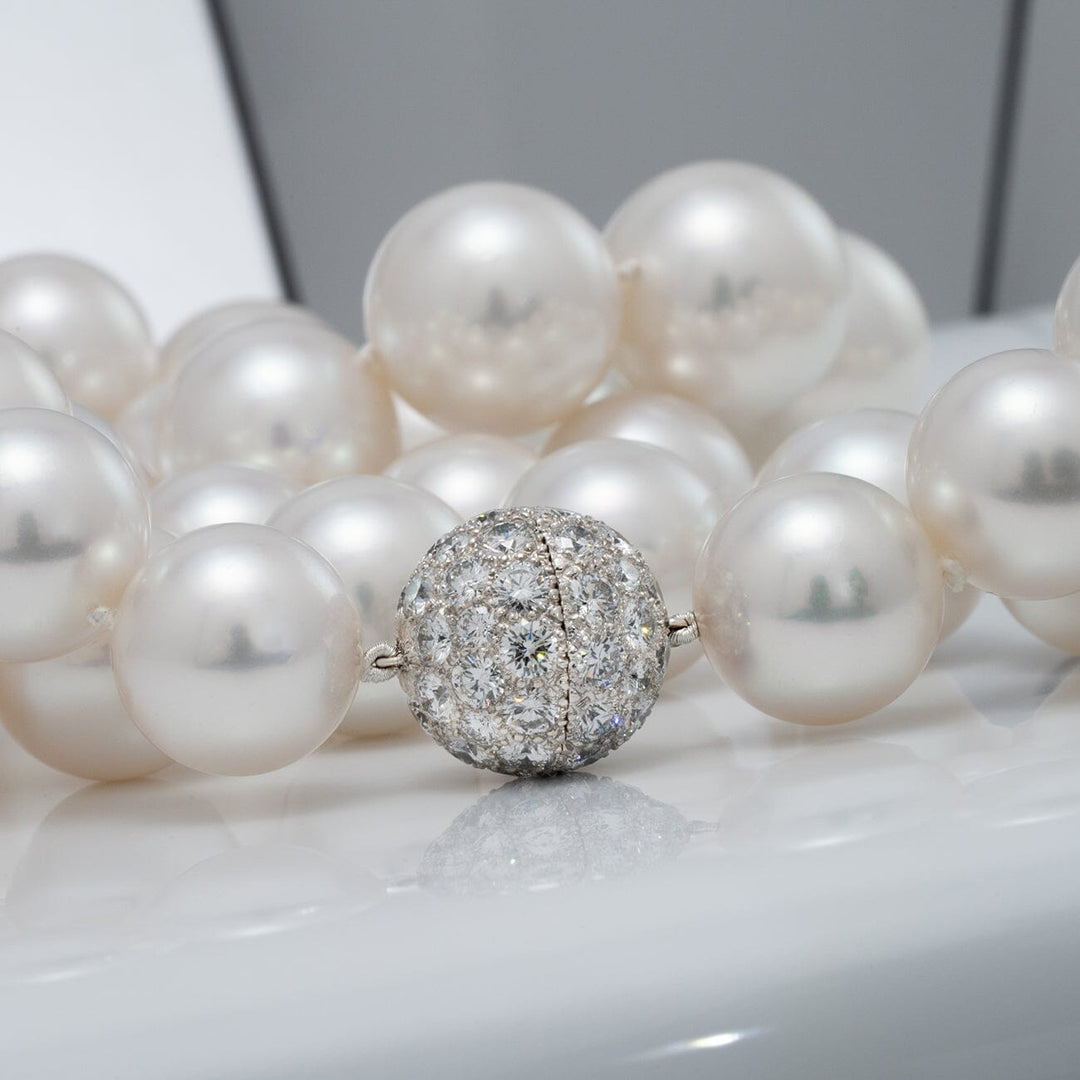 15.0-18.5mm Round White South Sea Pearl Necklace, 34.25 inches-Clasp close-up