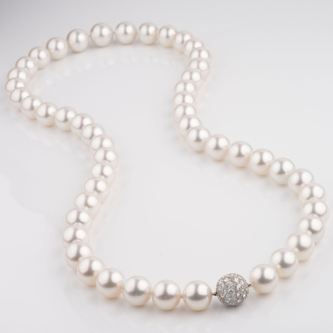 15.0-18.5mm Round White South Sea Pearl Necklace, 34.25 inches diamond clasp