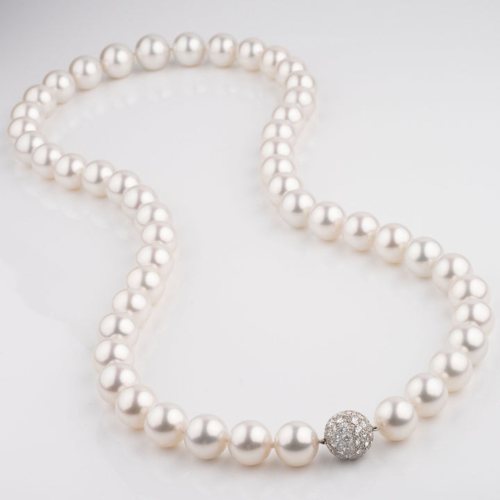 15.0-18.5mm Round White South Sea Pearl Necklace, 34.25 inches diamond clasp