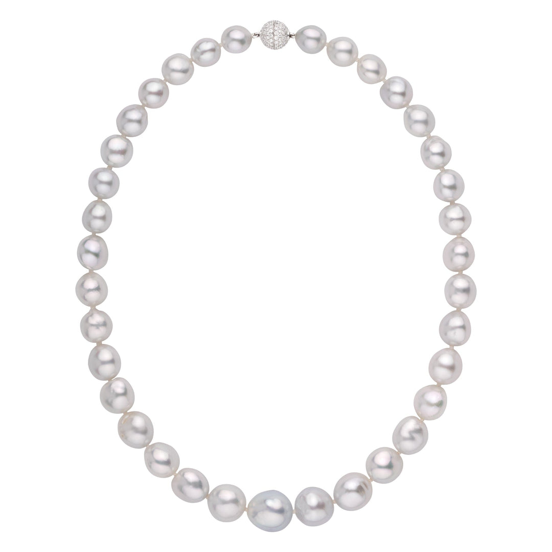 One-of-a-kind semi-baroque South Sea pearl necklace, 35 pearls 9.8–14.3 mm. Individually photographed, organic elegance, with 18k WG diamond clasp.