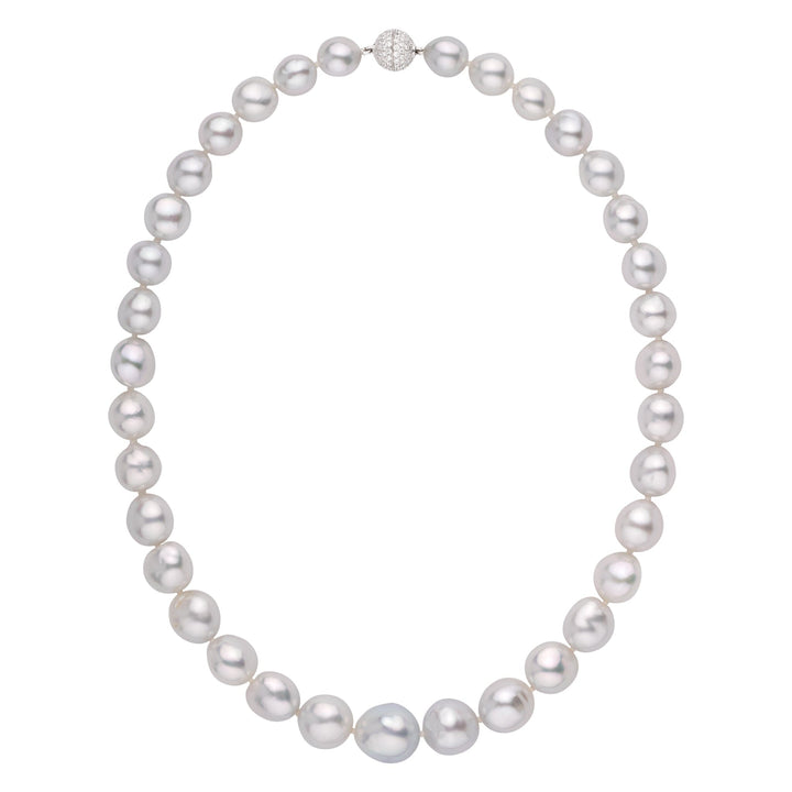 One-of-a-kind semi-baroque South Sea pearl necklace, 35 pearls 9.8–14.3 mm. Individually photographed, organic elegance, with 18k WG diamond clasp.