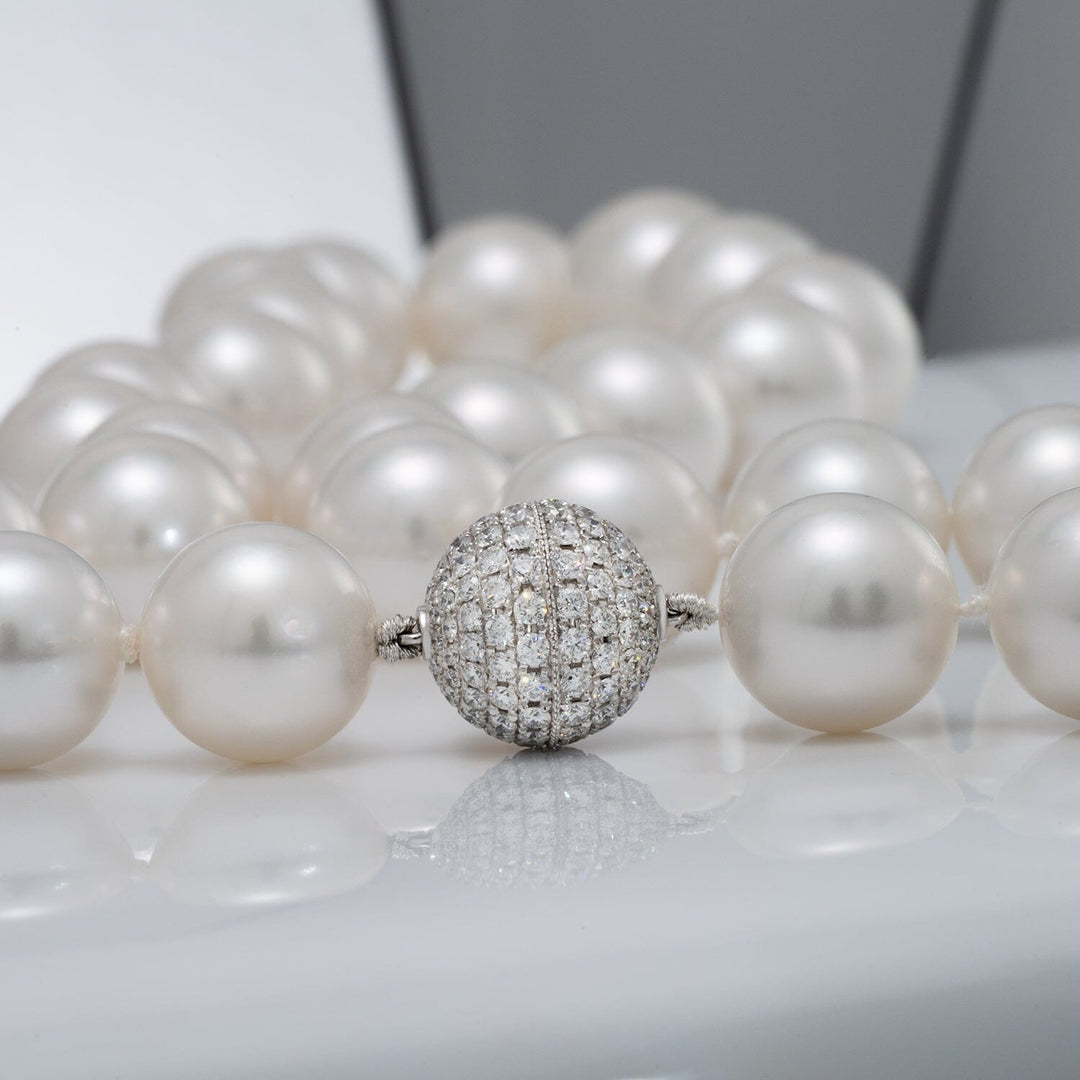 Assael Collection: 13.0-14.8 Round White South Sea Pearl Necklace 18K WG Clasp 158 Diamonds 2.30 ct
